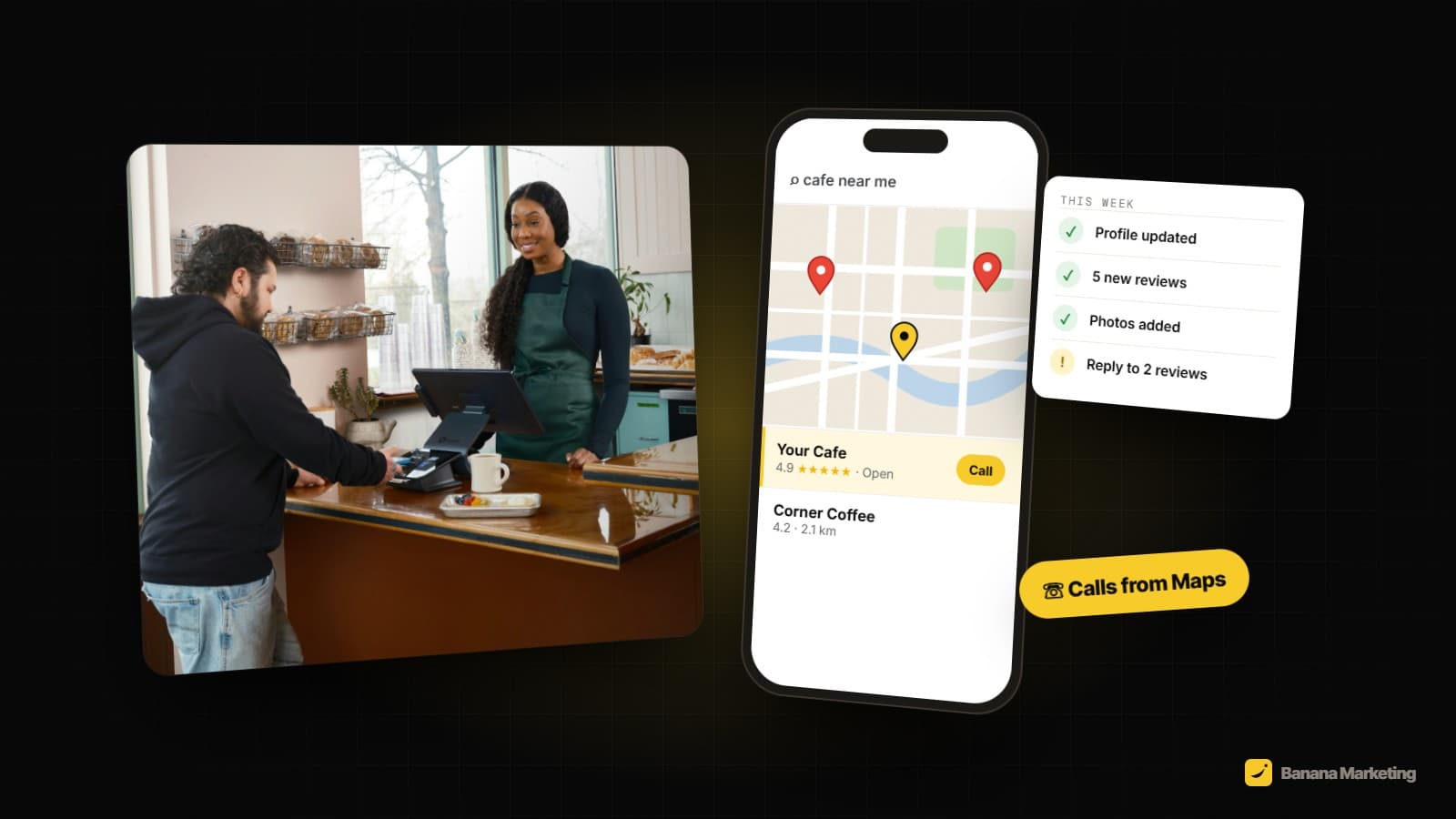 Cafe owner serving a customer beside a phone map search where the cafe is the top local result