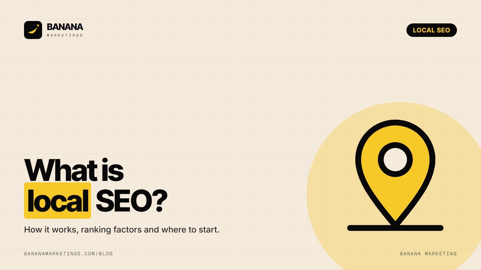 A yellow magnifying glass with a bar chart on a black background beside the headline 'What is local SEO? Get found nearby'